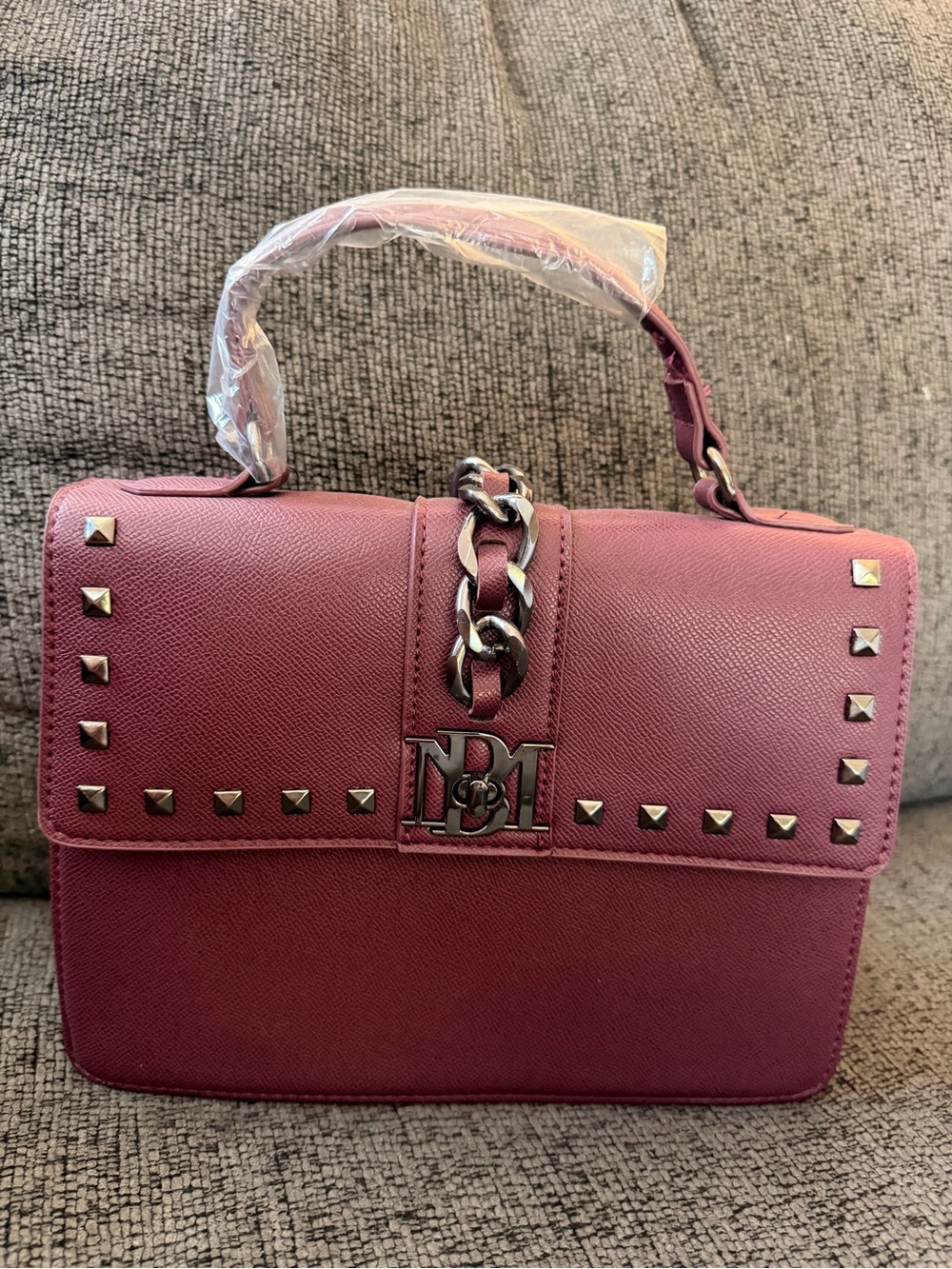 Top-Handle Studded Satchel Bag in Plum